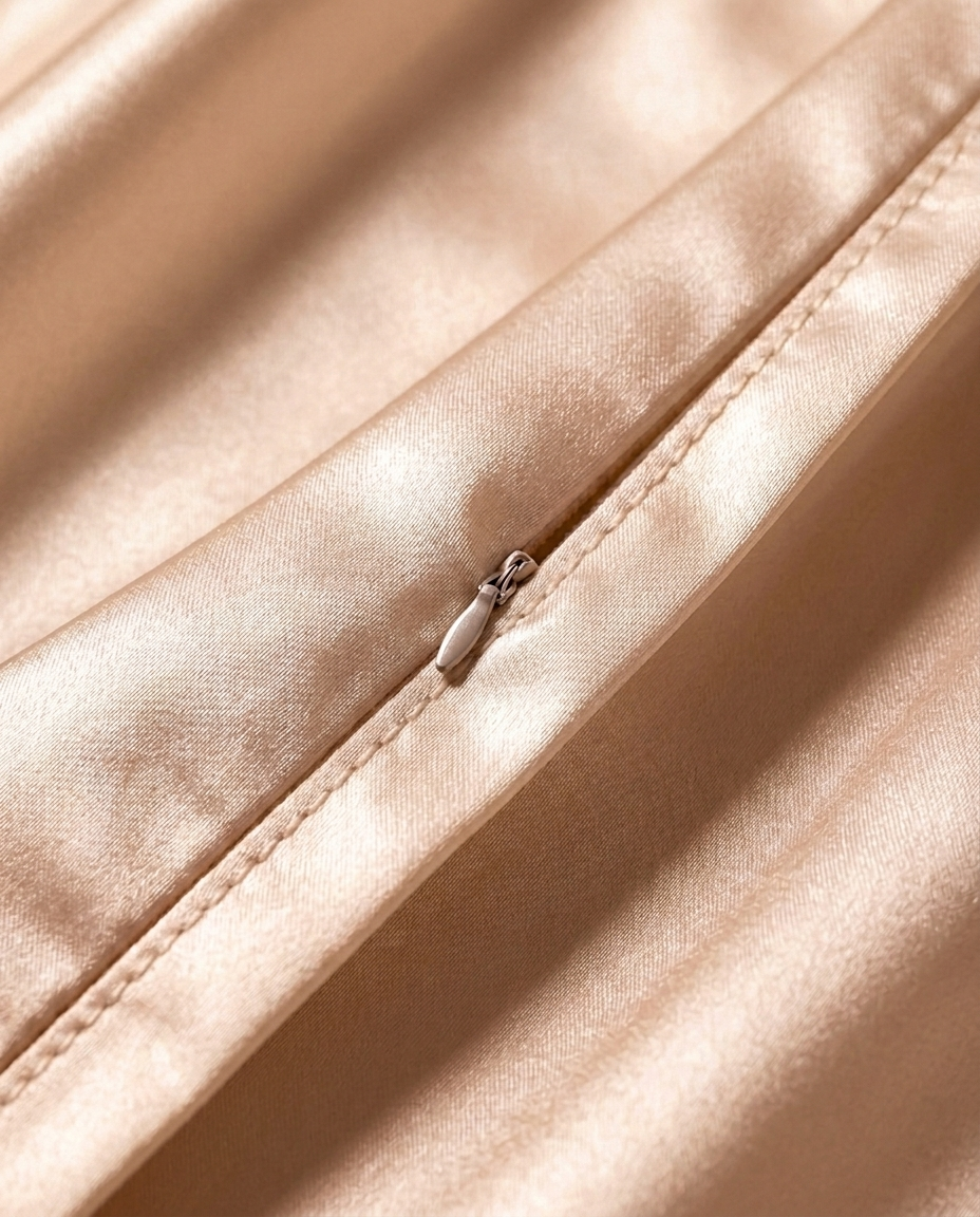Close-up of the hidden zip closure on the rose gold silk pillowcase