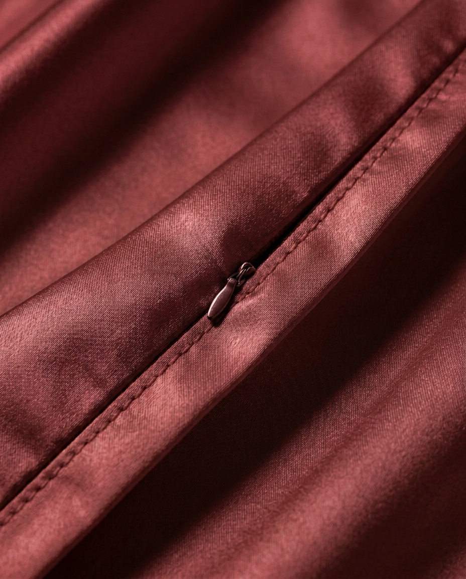 Close-up of the hidden zip closure on the burgundy silk pillowcase