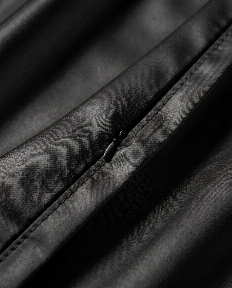 Close-up of the hidden zip closure on the black silk pillowcase