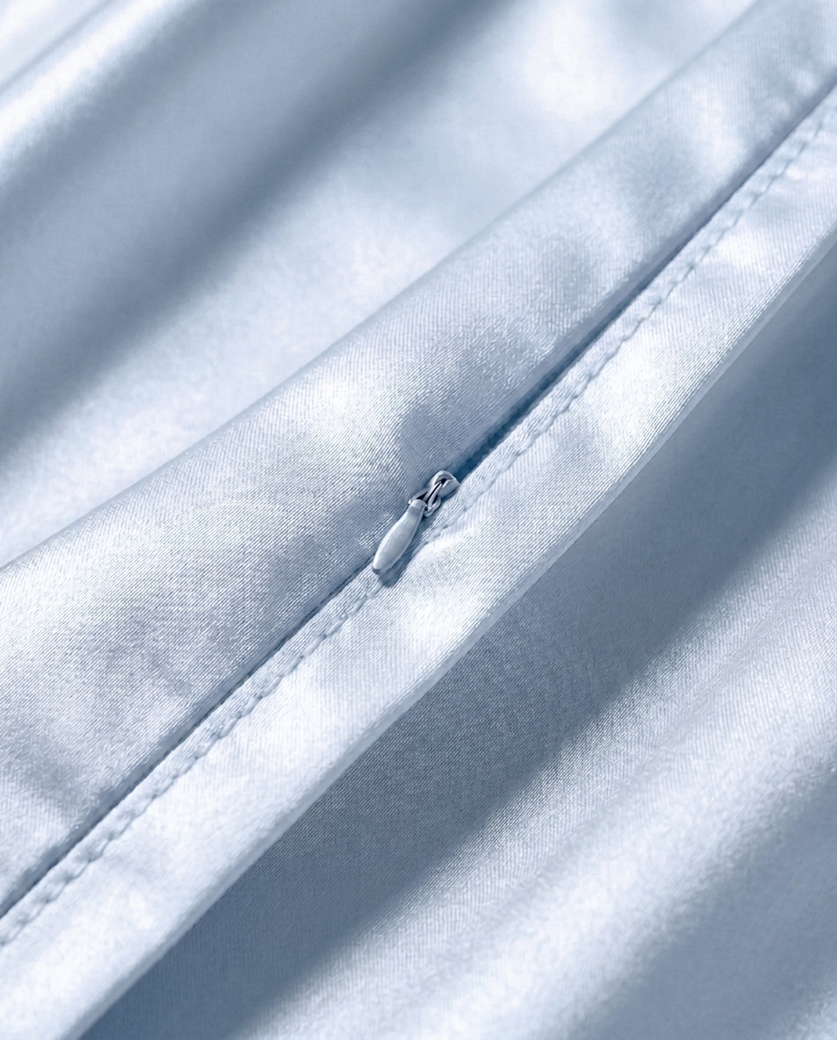 Close-up of the hidden zip closure on the blue mist silk pillowcase