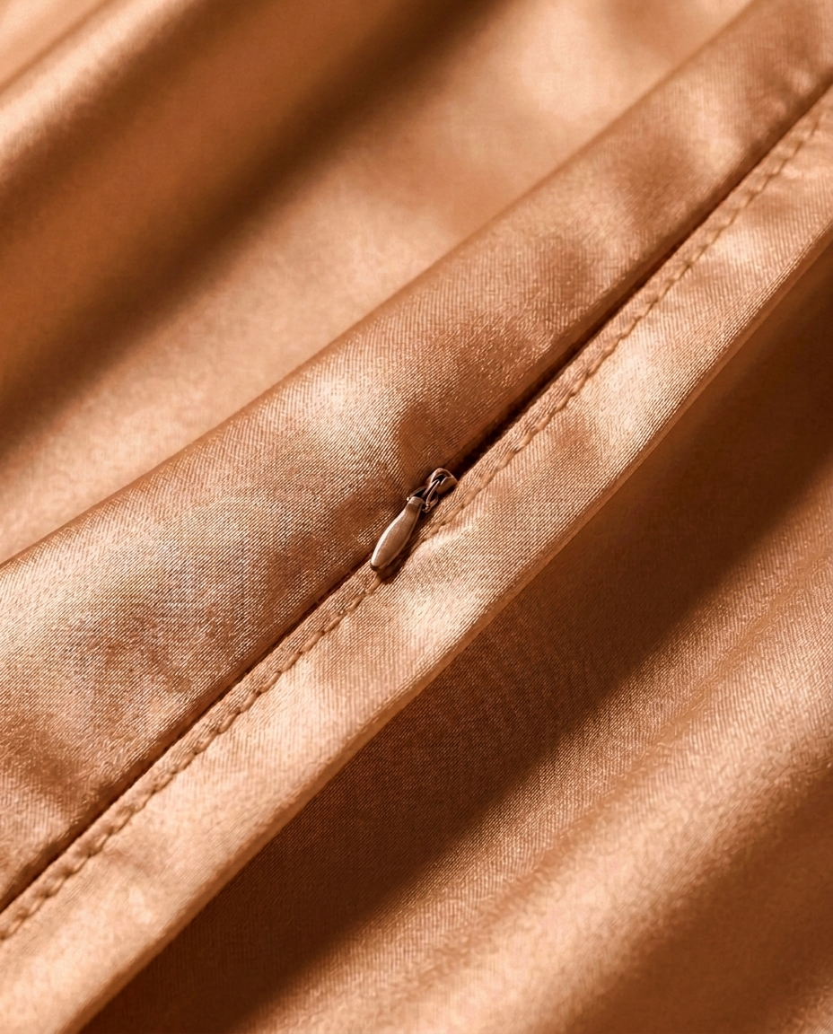 Close-up of the hidden zip closure on the coffee brown silk pillowcase