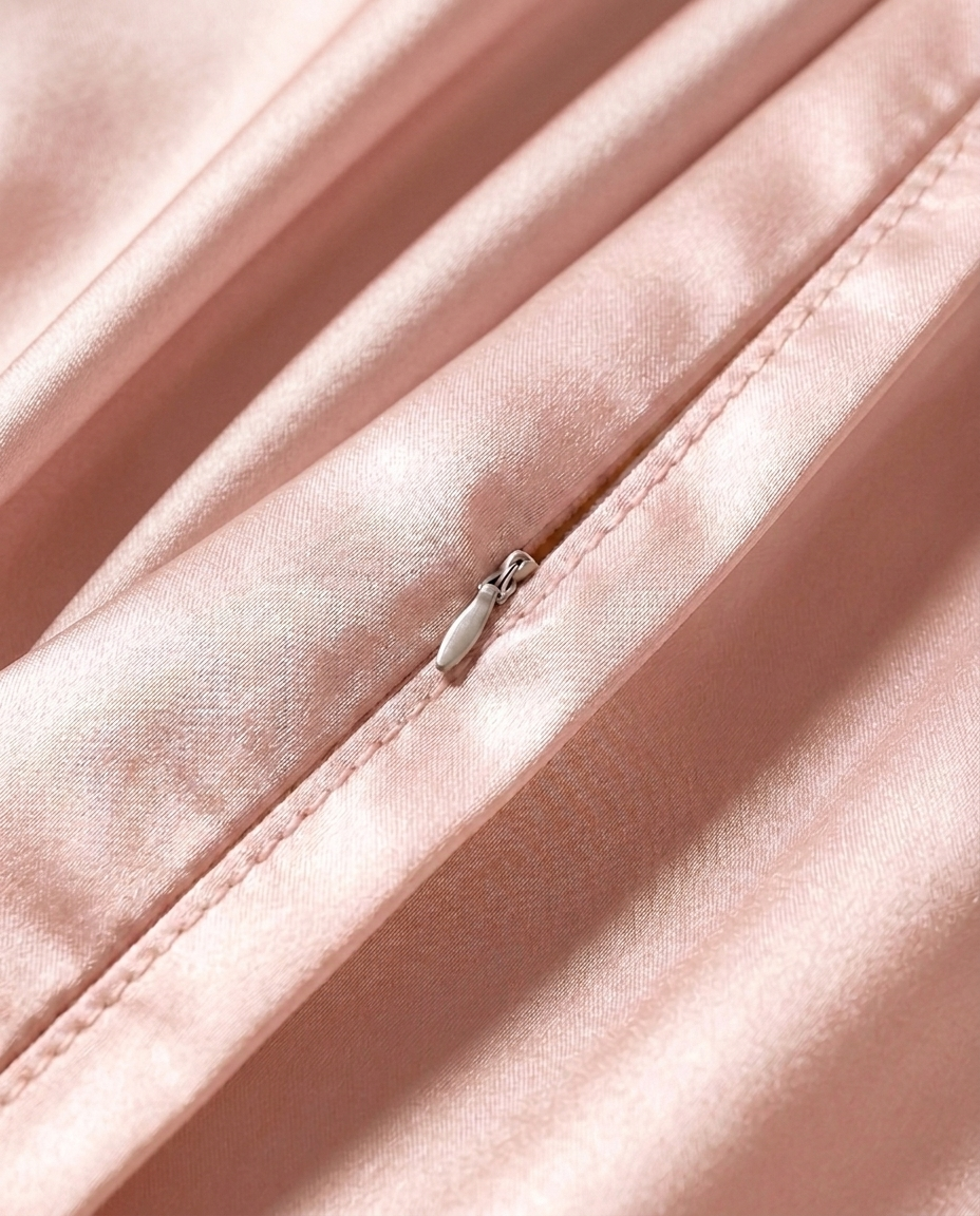 Close-up of the hidden zip closure on the pink silk pillowcase