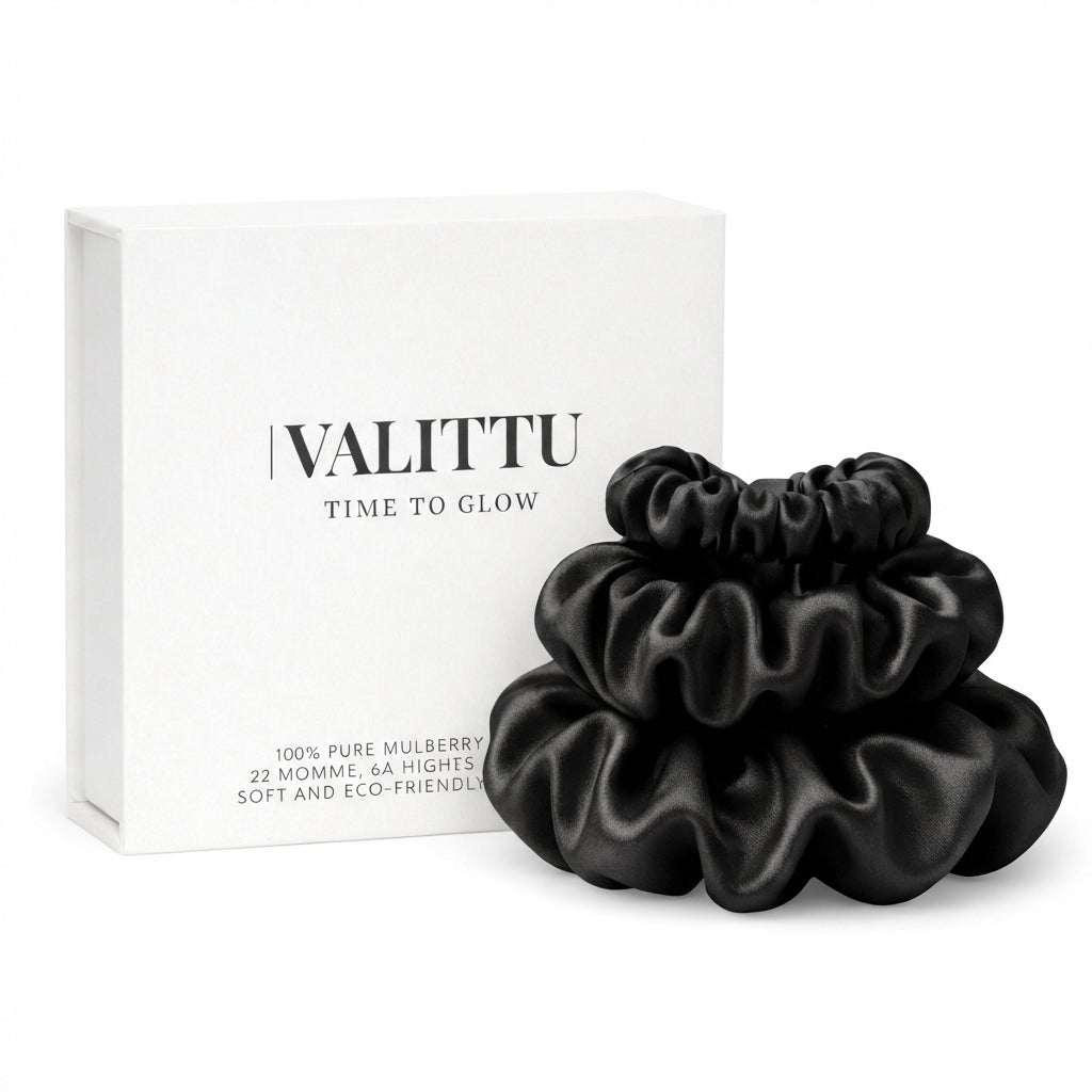 Premium Mulberry Silk Scrunchie Set - Black