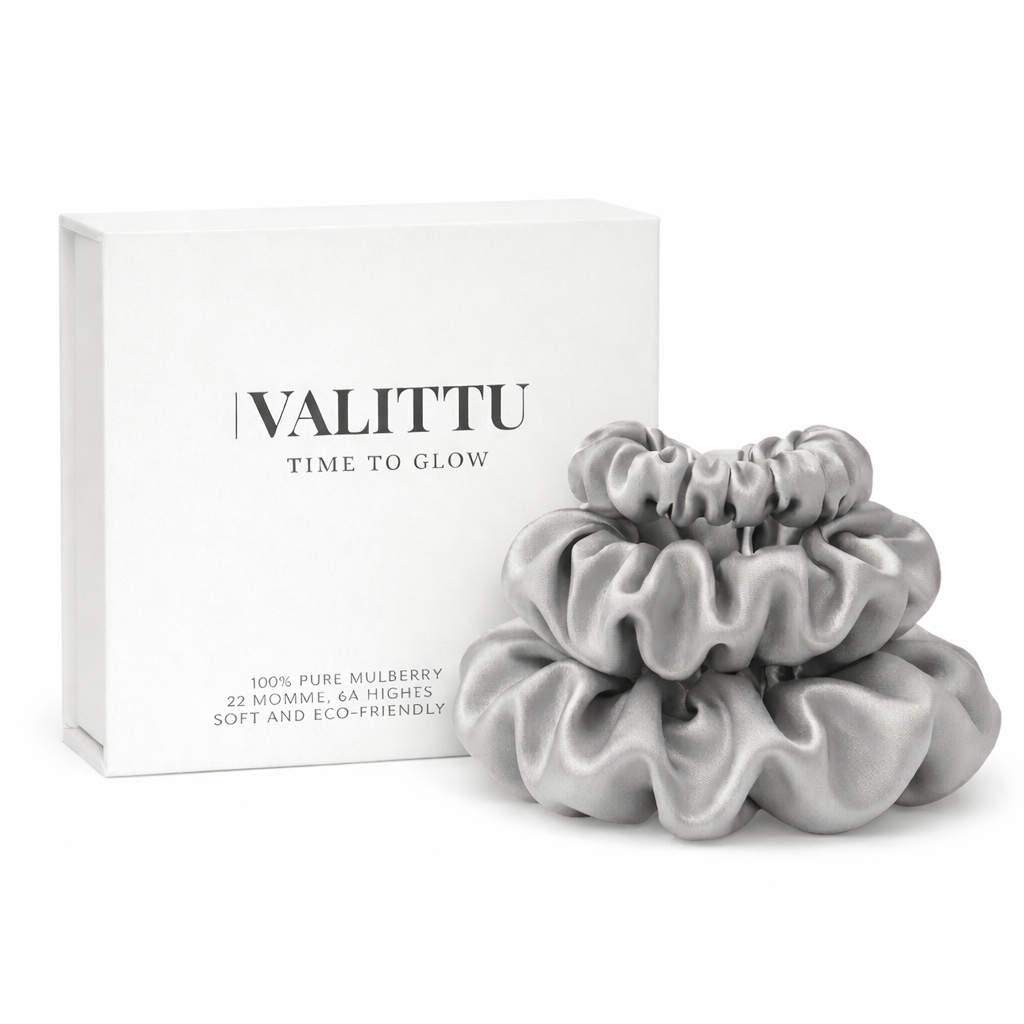 Premium Mulberry Silk Scrunchie Set - Silver