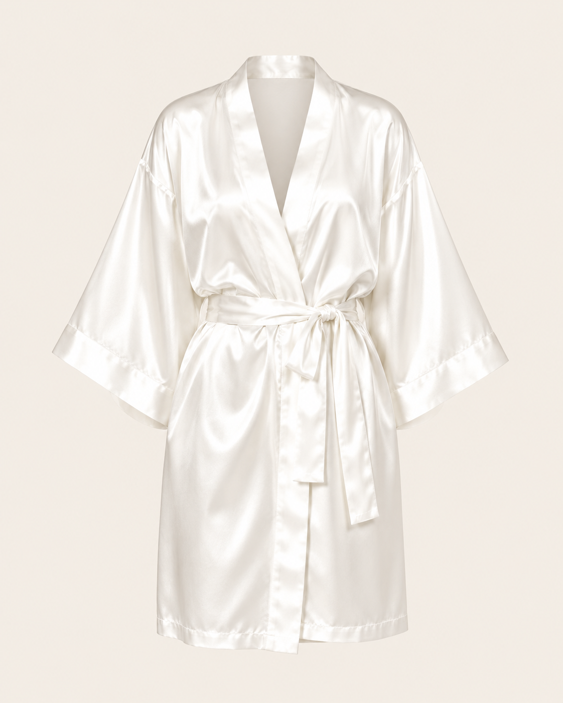 Ivory mulberry silk wrap robe for women with wide sleeves and tie belt, front view