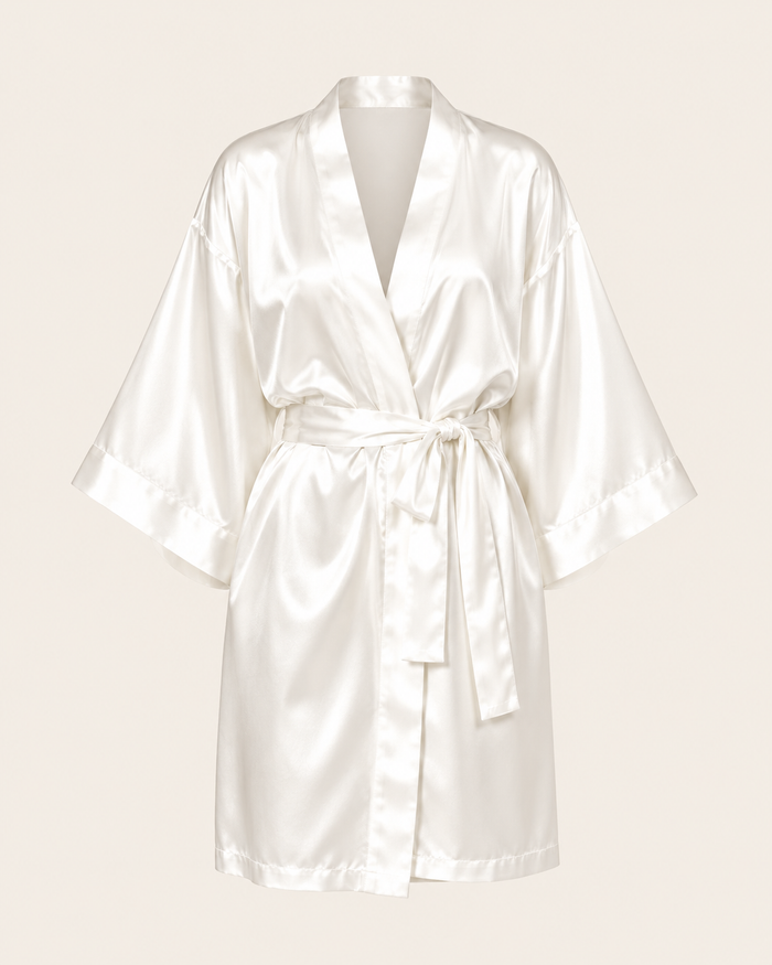 Ivory mulberry silk wrap robe for women with wide sleeves and tie belt, front view