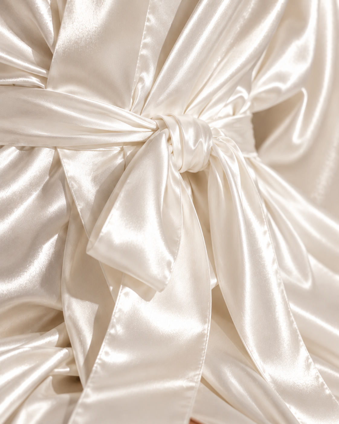 Close-up of the matching silk tie belt on the ivory silk robe