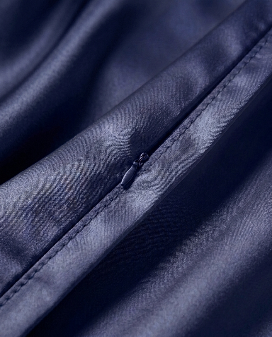 Close-up of the hidden zip closure on the navy silk pillowcase