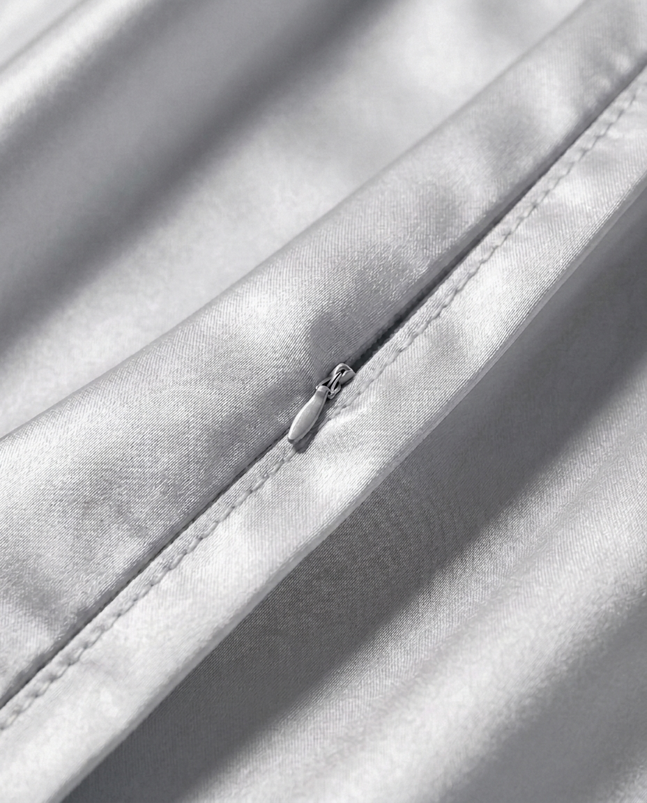 Close-up of the hidden zip closure on the silver silk pillowcase