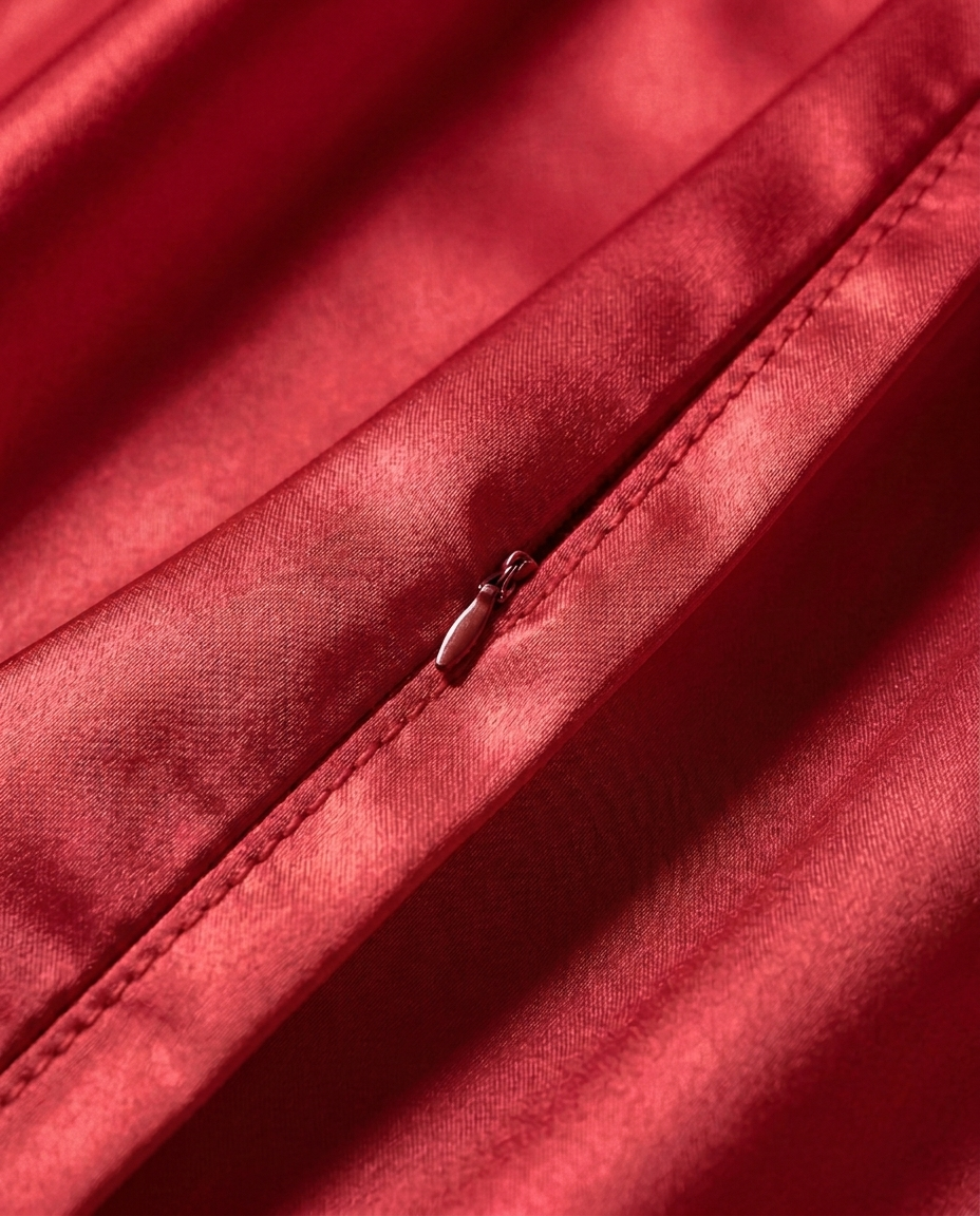 Close-up of the hidden zip closure on the red silk pillowcase